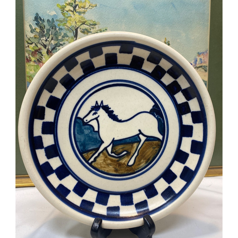 Debbie Dean Pottery HORSE Checkerboard Bowl Folk Art Primitive 8.5"
